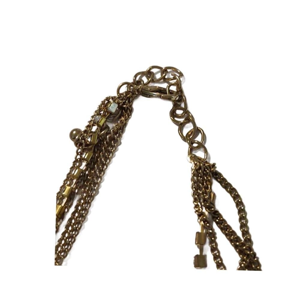 Vintage Gold Tone Rhinestone Chain Lariat Tassel Necklace: 5 Strand Multi Chain - Picture 7 of 12